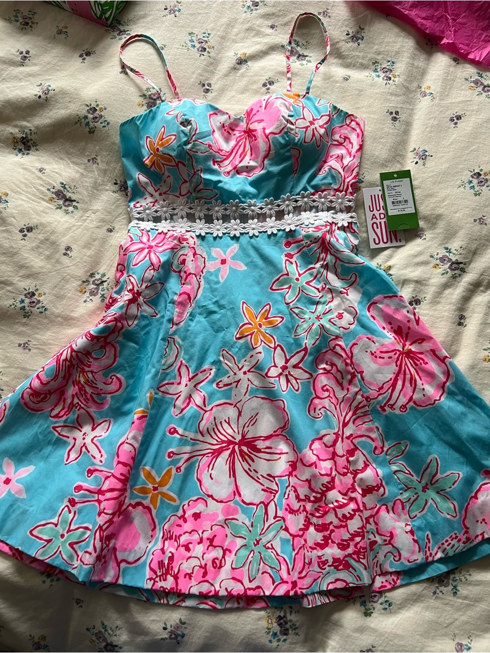Lilly Pulitzer Turquoise Floral Mini Dress with Pink Accents
